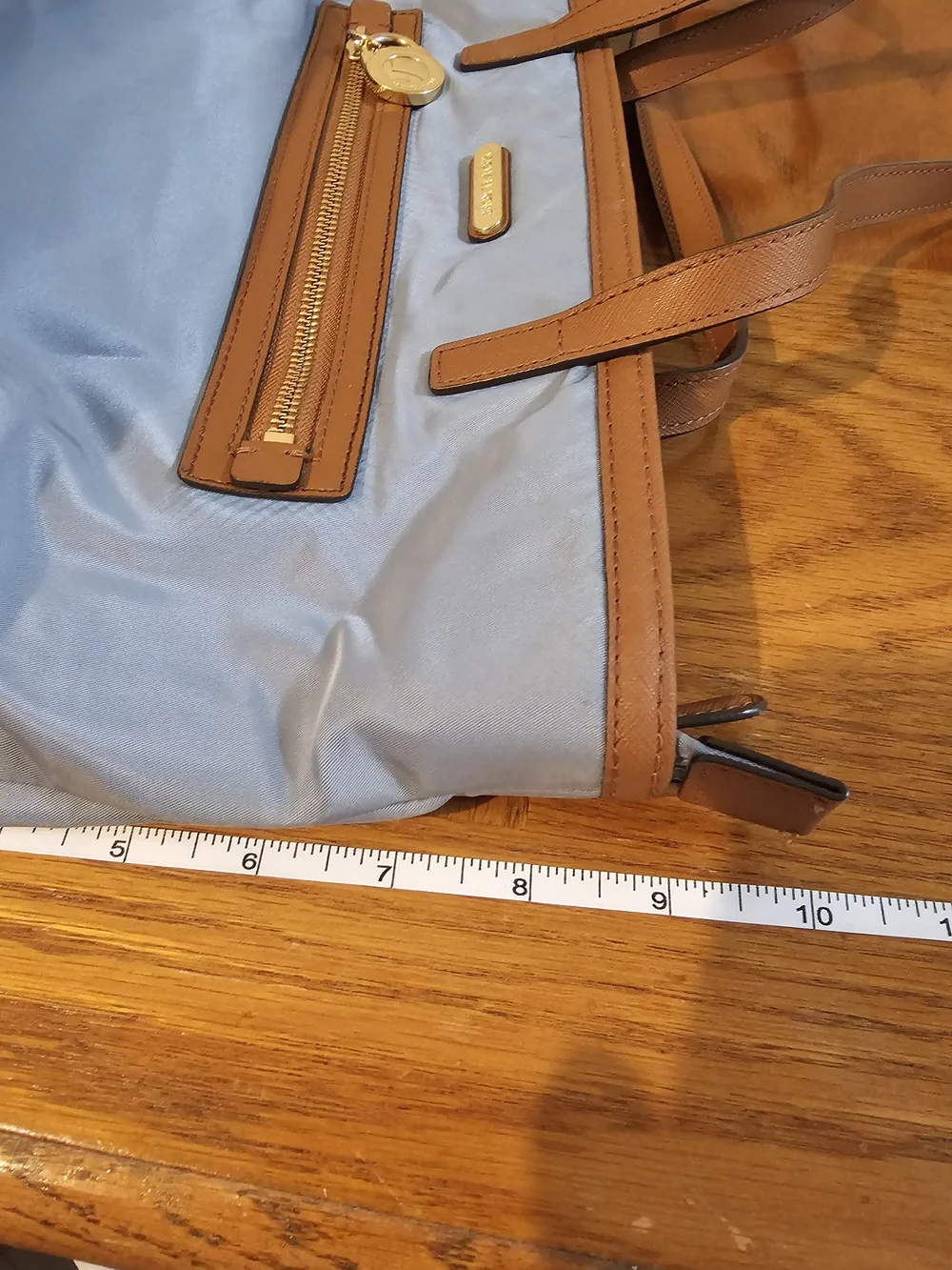 Michael Kors Light Blue Nylon Tote with Brown Leather Trim